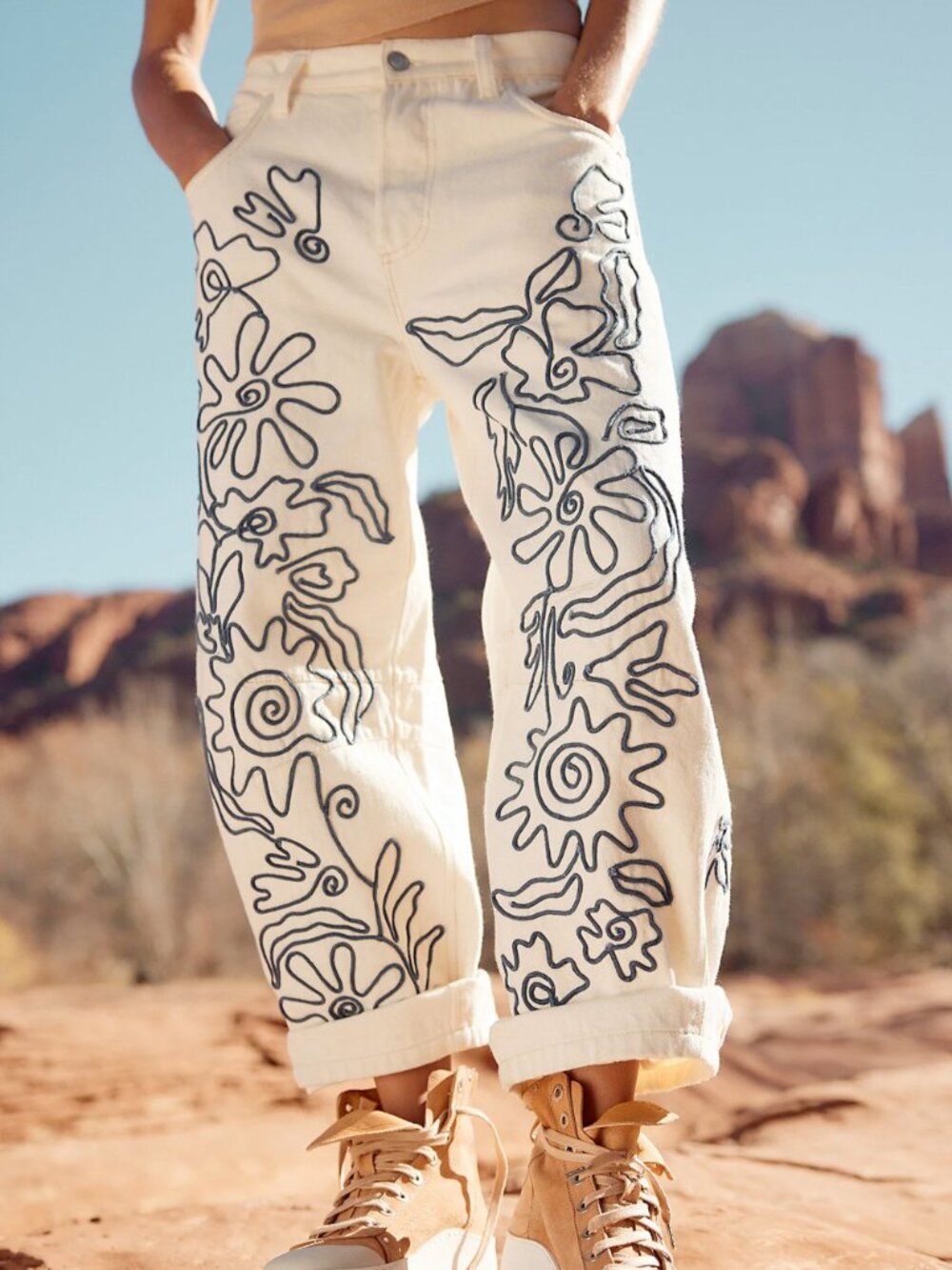 Free People Good Luck Barrel Soutache Floral Embroidered Ivory Combo Jeans 26-28 - Picture 2 of 7